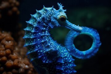 blue seahorse underwater close up portrait. View of a sea horse in the deep blue sea water © MonkeyART
