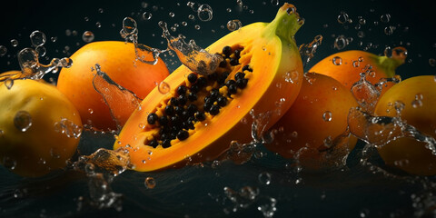 Fototapeta na wymiar Papaya pieces fall into the water