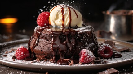 decadent chocolate lava cake with a gooey center, insane details, food photography - generative AI