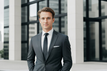 Young businessman standing in front of office