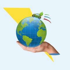 Traveling concept, small car on the world globe