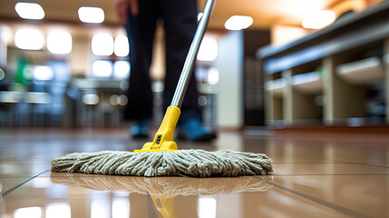 Cleaning service worker with mop in office closeup, Close up hand
