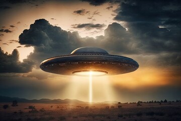 Obraz na płótnie Canvas UFOs in the sky let out a beam of light