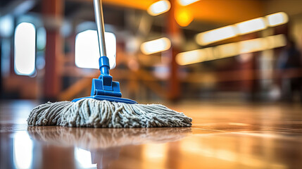Cleaning service worker with mop in office closeup, Close up hand