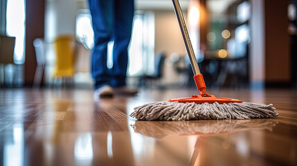 Cleaning service worker with mop in office closeup, Close up hand