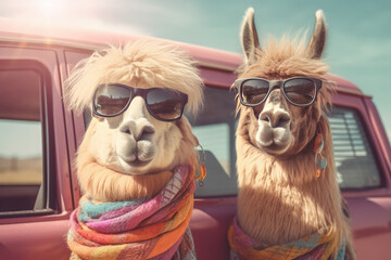 Funny illustration of two lamas wearing sunglasses in front of a vintage car