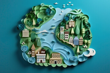 Paper Art , Ecology and World Water Day , Saving water and world Environment day, environmental protection and save earth water, created with Generative AI