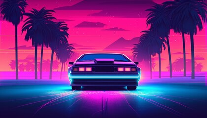 Obraz na płótnie Canvas Futuristic retro wave synth wave car among palm trees in the style of the 80s