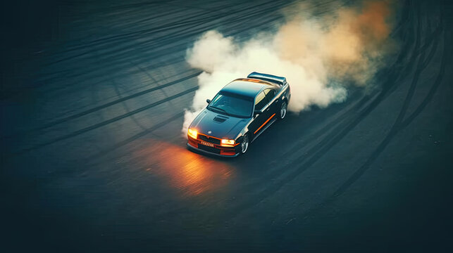 Drifting Car, Aerial View Professional Driver Drifting Car On Asphalt Race Track With Black Tire Skid Mark Texture And Background