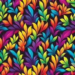 Colorful background of flat leaves with LGBT colors. Created with generative AI technology.