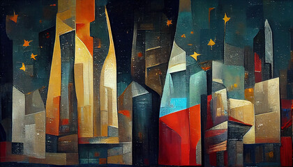 The enigmatic night. A surrealistic abstract landscape in intuitive oil painting style. AI-generated