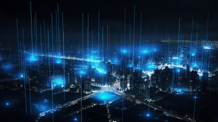 Fototapeta premium Ai generated illustration Virtual blue particle digital city skyline on black background