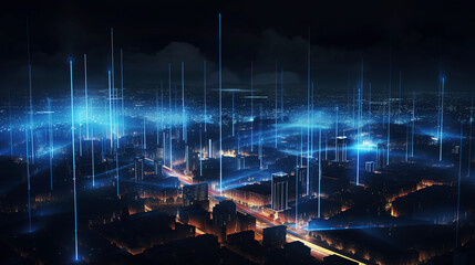 Ai generated illustration Virtual blue particle digital city skyline on black background