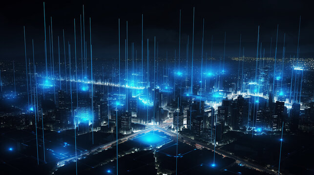 Ai generated illustration Virtual blue particle digital city skyline on black background