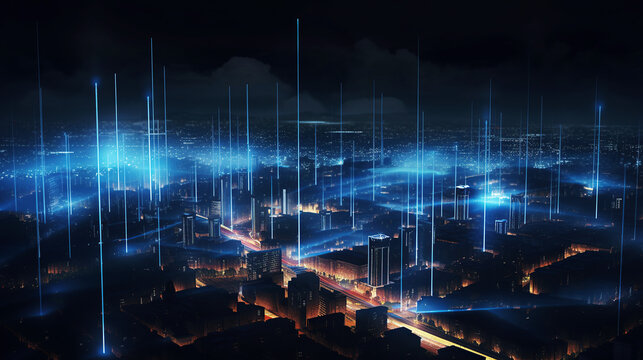 Ai generated illustration Virtual blue particle digital city skyline on black background