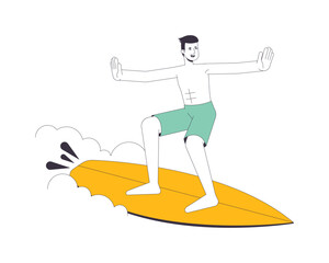 Surfer man on wave flat line vector spot illustration. Asian male with surfing board 2D cartoon outline character on white for web UI design. Surfen welle editable isolated colorful hero image