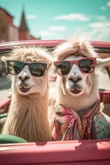 Foto op Canvas Funny illustration of two lamas wearing sunglasses in front of a vintage car © Franziska