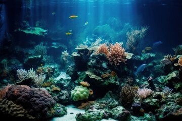 Naklejka na ściany i meble Wonderful and beautiful underwater world with corals and tropical fish. Animals of underwater sea world. Ecosystem. Aquarium. World ocean wildlife. Coral reef and fishes
