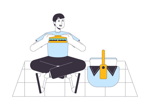 Guy eating sandwich on summer picnic flat line vector spot illustration. Happy man with picnic basket 2D cartoon outline character on white for web UI design. Editable isolated colorful hero image