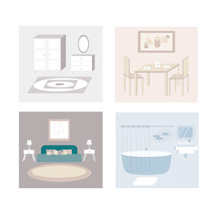 Stickers with the image of furniture for the living room, bathroom, kitchen, bedroom. Various types of interior in the form of stickers.