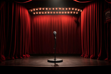 Stage with red curtains, microphone and spotlight.. Theatre, cabaret or comedy show or opera music concert club, standup scene. Beginning of the show adult entertainment advertisement. Generative AI - obrazy, fototapety, plakaty