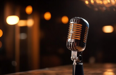 Close up stage microphone with red curtains and bokeh. Theatre, cabaret comedy show or opera music concert club, standup scene. Beginning of the show adult entertainment advertisement. Generative AI