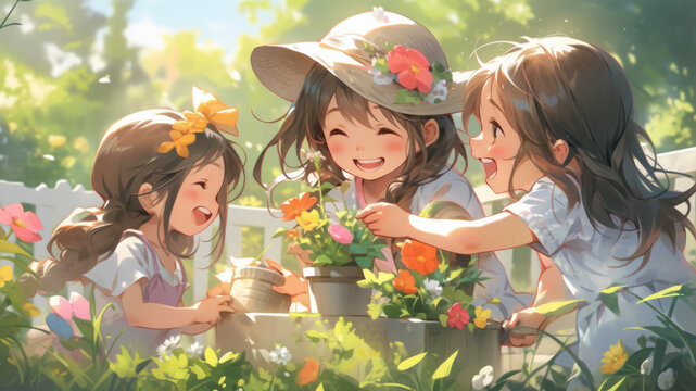 Children outdoor taking care of a green garden with flowers - Generative AI