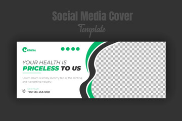Medical healthcare social media cover design template, ad web banner with amazing green color combination shape and white background for medical business promotion