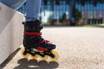 Close up of a rollerblade inline skate with copy space on a sunny day