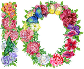 Letter of watercolor flowers. Cyrillic Russian font alphabet. 32