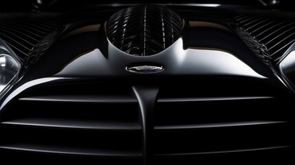 A close-up of the black sports cars front grille