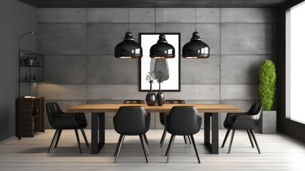 Interior design inspiration of Modern Minimalist style home dining room loveliness decorated with Wood and Metal material and Chandelier .Generative AI home interior design .