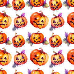 Seamless pattern autumn pumpkin. Festive pattern Halloween with bright mittens with smiles and leaves for packaging or fabric print. watercolor illustrations made by the generation ai