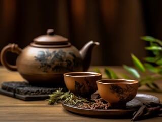 Hojicha tea in an elegant ceramic teapot, accompanied by matching teacups on a textured wooden table
