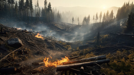Deforestation of trees by fire and logging. Environmental destruction increasing climate change and global warming - Generative AI - obrazy, fototapety, plakaty
