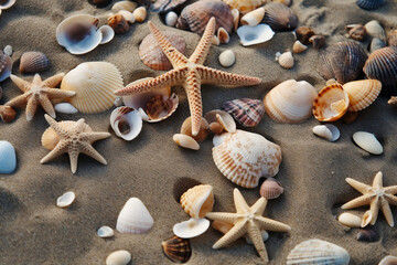 Starfish and seashells on the summer beach shore in seawater. Summer holidays illustration - sea inhabitants on a tropical exotic beach sand against a sunny seascape. Generative AI.