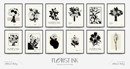 Fototapeta na wymiar Abstract floral posters template. Modern Botanical trendy black style. Vintage flowers. Ink wall art.