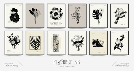 Abstract floral posters template. Modern Botanical trendy black style. Vintage flowers. Ink wall art.