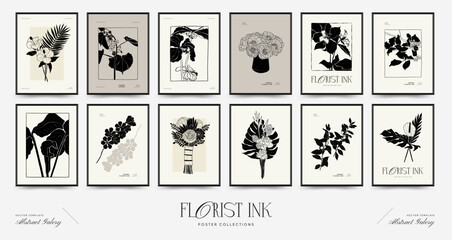 Abstract floral posters template. Modern Botanical trendy black style. Vintage flowers. Ink wall  art.