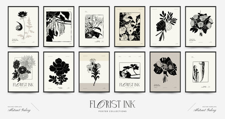 Fototapeta na wymiar Abstract floral posters template. Modern Botanical trendy black style. Vintage flowers. Ink wall art.