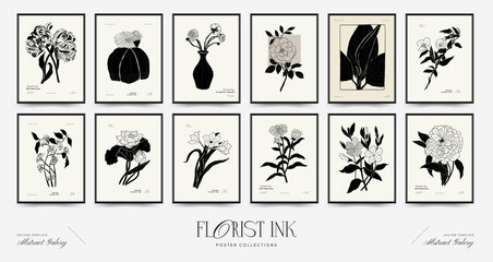 Obraz na płótnie Canvas Abstract floral posters template. Modern Botanical trendy black style. Vintage flowers. Ink wall art.