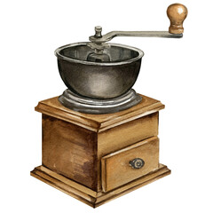 watercolor manual coffee grinder, hand drawn illustration of retro style kitchen utensils, wooden coffee grinder, sketch for menu isolated on white background