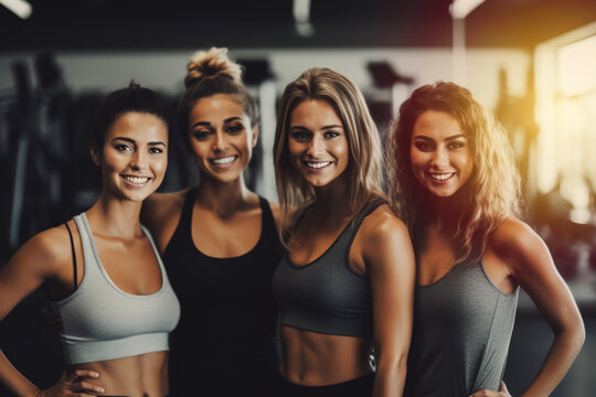 Group of happy female friends standing together in sportswear over gym background. Generative AI