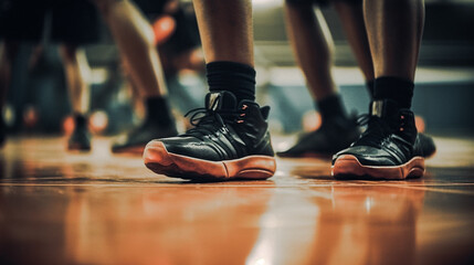 Feet only shot of sports shoes close up on a basketball court.