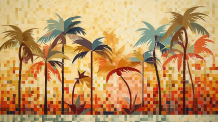 Sand-colored background with geometric pattern and palm trees