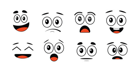 Cartoon face. Expressive eyes and mouth, smiling, crying and surprised facial expressions of the characters. Caricature comic emotion or doodle emoticon. Vector illustration icon isolated