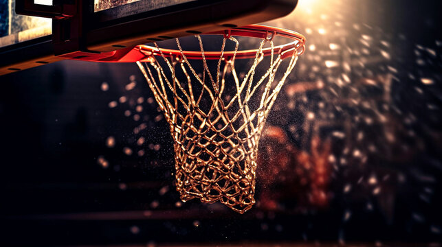 Close up photos of a basketball hoop, ring under stadium lights