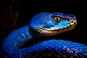 Obraz premium Cobalt Viper A sleek and agile reptile, its cobalt blue scales shimmering in the sunlight, evoking a sense of mystery and intrigue. generative AI.