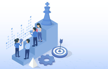 Business strategy concept. Business people meeting to discuss planning and thinking for business development and success. Isometric 3D vector design illustration with copy space.
