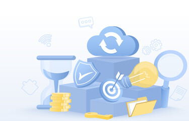 Business ideas concept. Elements of cloud computing data backup and storage solutions, shield protection of account, bulb light creative thinking, darts and goals progress towards achieving success. 